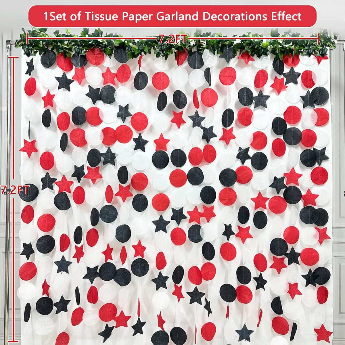 173 Ft Red Black and White Party Decorations Big Star Circle Dots Backdrop Streamer Garland for