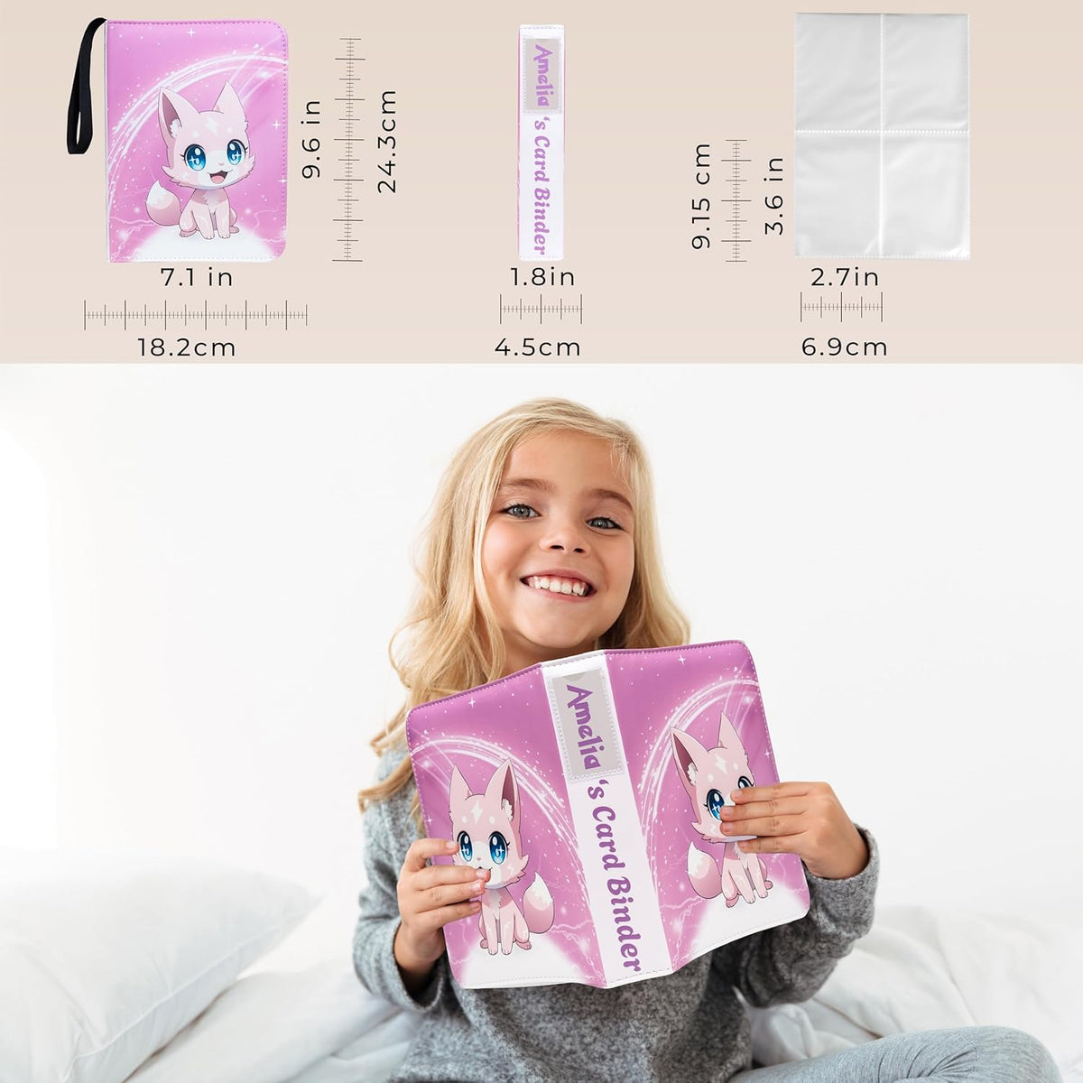 Cute Pink Trading Card Binder 4 Pocket for Girls Gifts - Includes Name Tag & Tab Stickers for