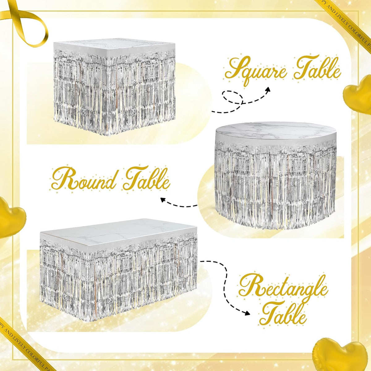 2 Pack Silver Table Skirts, 29x108" Metallic Foil Tinsel Fringe Table Skirts for Rectangle Tables