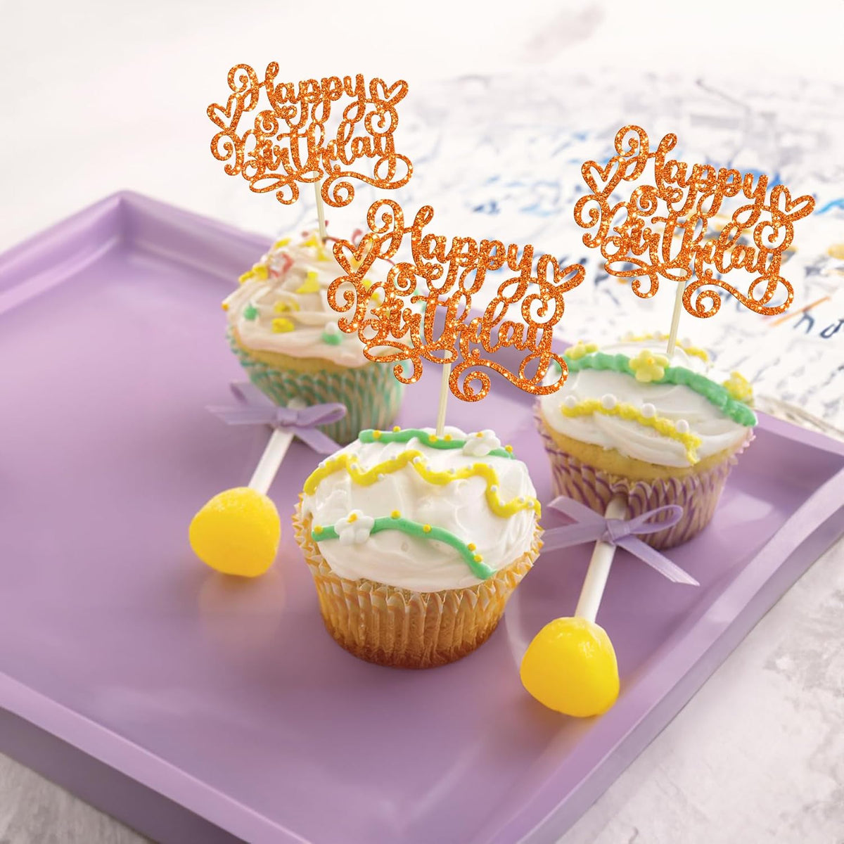 Gyufise 24Pcs Happy Birthday Cupcake Toppers Glitter Happy Birthday Cupcake Picks for Celebrating