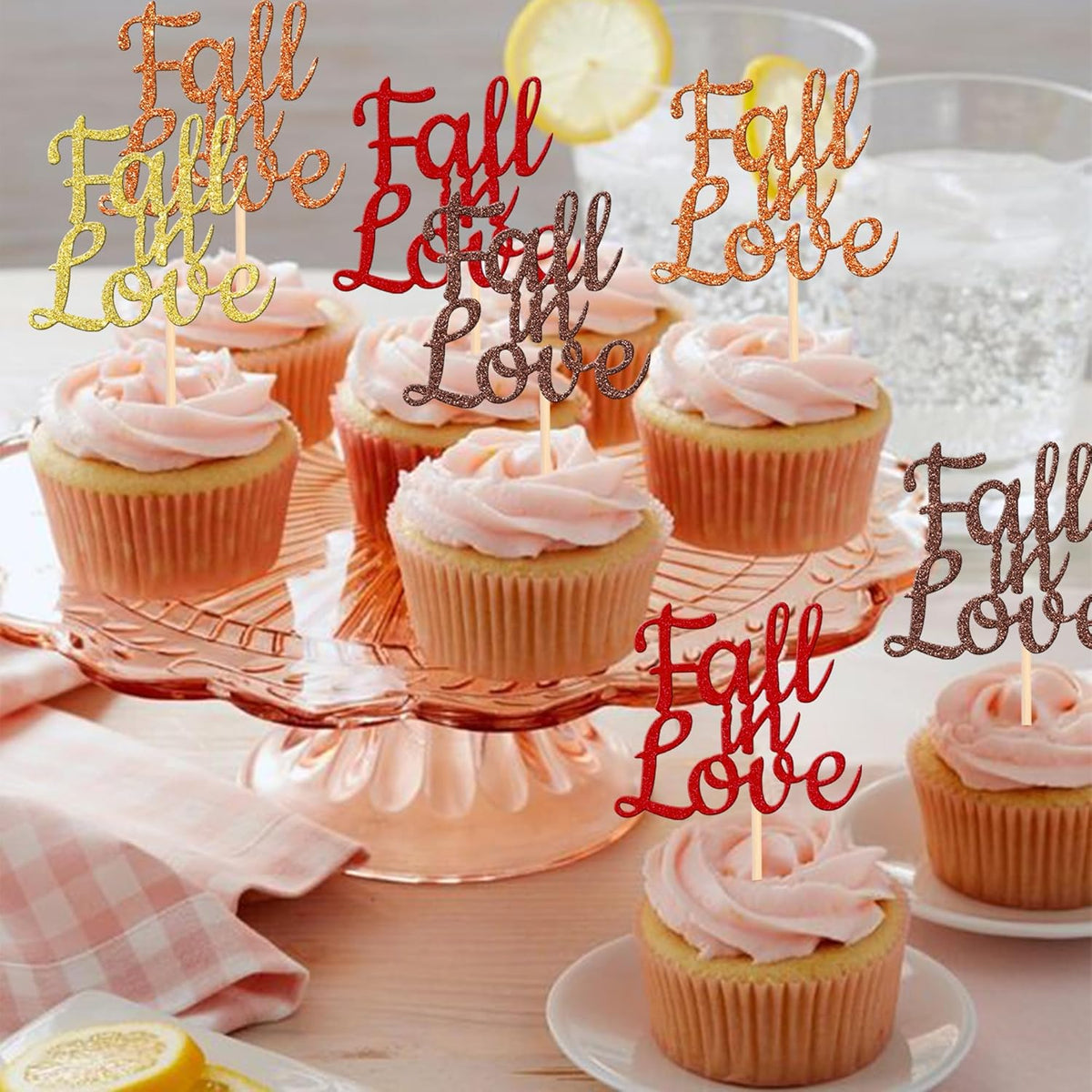24 PCS Fall in Love Cupcake Toppers Glitter Fall Theme Bridal Shower Cupcake Picks for Autumn