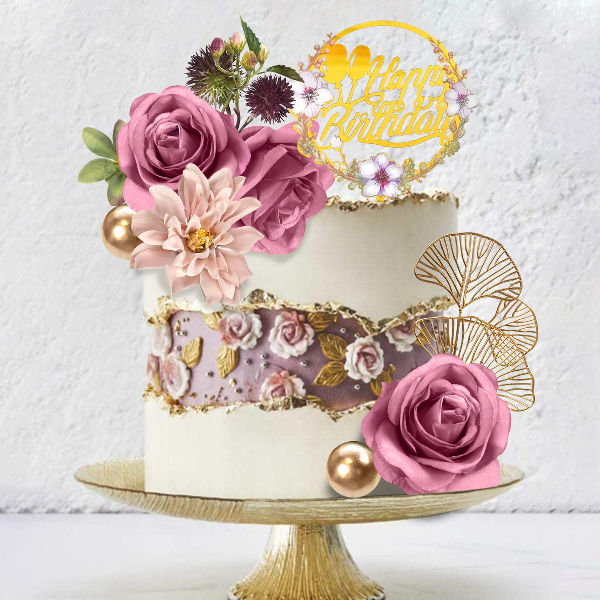 Flower Cake Toppers Happy Birthday Cake Toppers with Artificial Purple Rose Flowers Eucalyptu