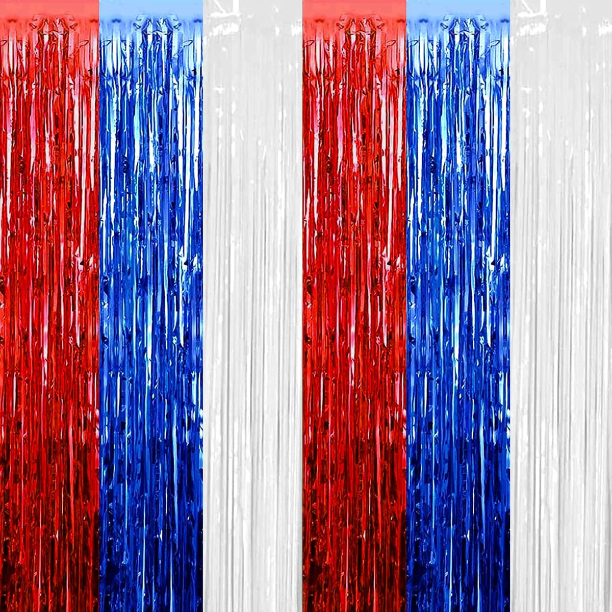 4 Pack Red Blue White Foil Fringe Curtain Backdrop, 3.28Ft x 8.2Ft Metallic Tinsel Foil Fringe