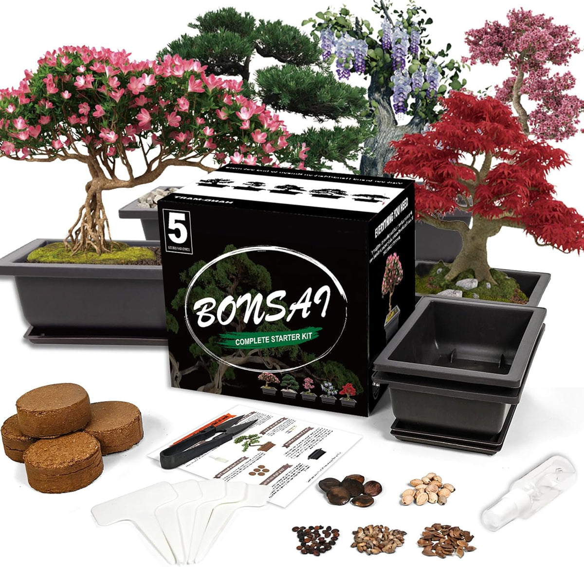 Bonsai Starter Kit, 5 Seeds Growing into Acacia, Wisteria, Sakura, Red Maple and Black Pine