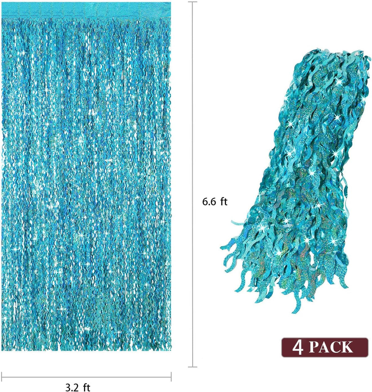 4 Pack Teal Aqua Blue Wavy Foil Fringe Curtains Party Decorations - 3.3 ft x 6.6 ft Sparkle