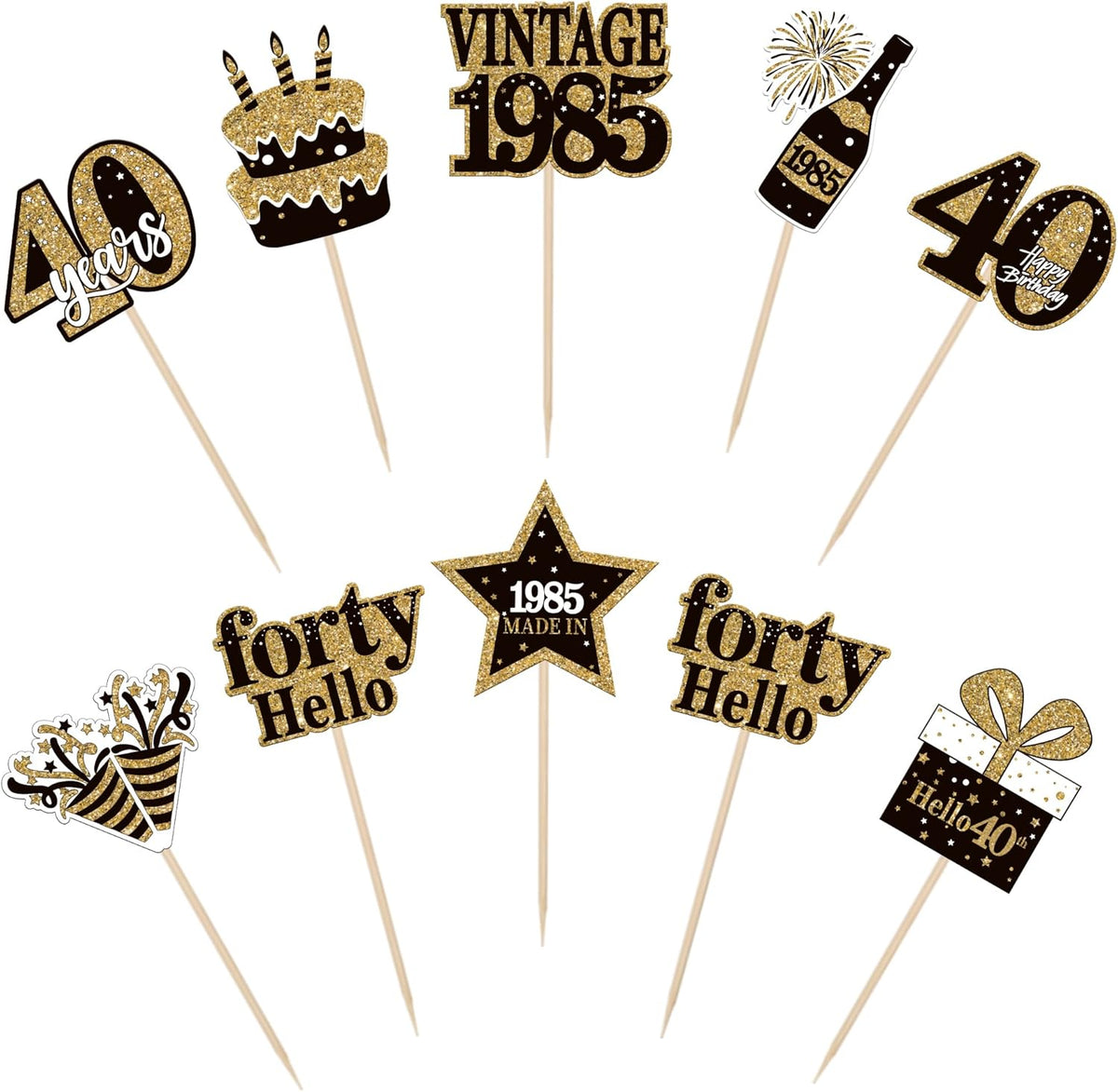 36PCS Happy 40th Birthday Cupcake Toppers Double Sided Black Gold Forty Hello 40 Vintage 1985