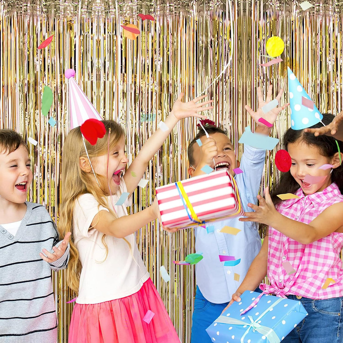 10 Pack Champagne Gold Backdrop Curtain 3.2ft x 8.2ft Metallic Tinsel Foil Fringe Curtains Photo