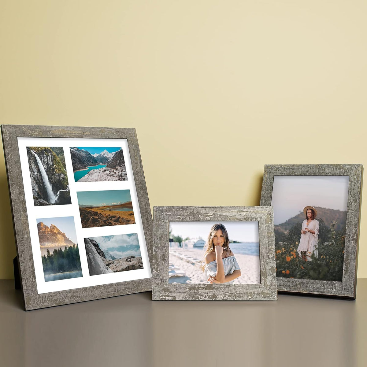 5x7 Picture Frame Set of 4, High Definition Glass Distressed Moss Green Frame, 5 x 7 Wood Photo