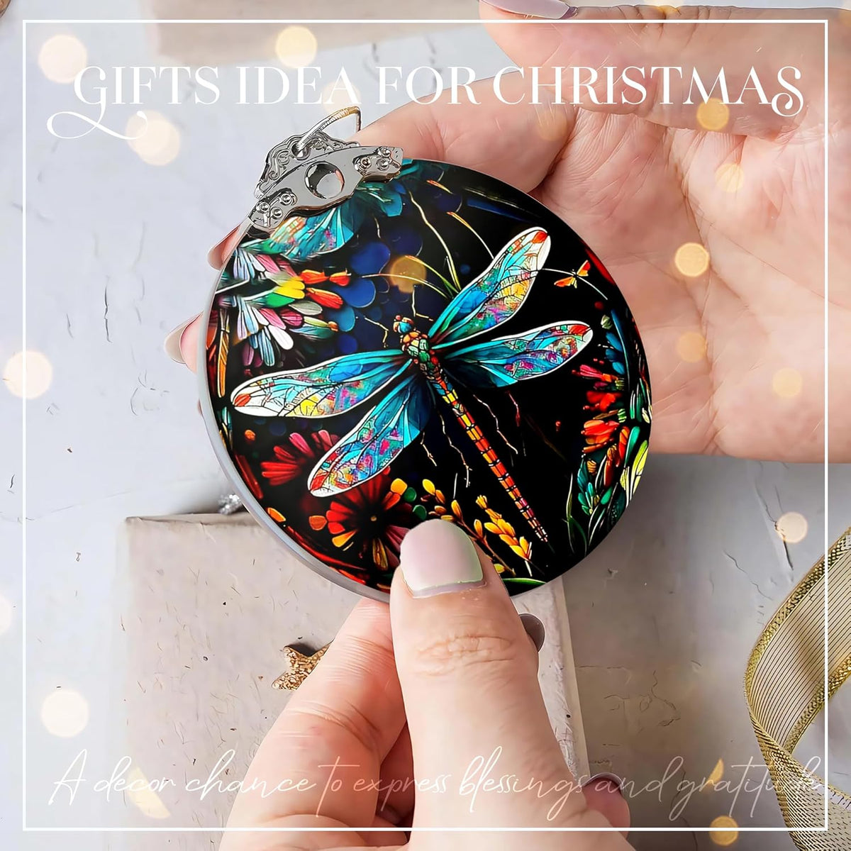 Stained Glass Effections, Christmas Tree 4 Inch Acrylic Ornament Art, White Elephant Gifts Car