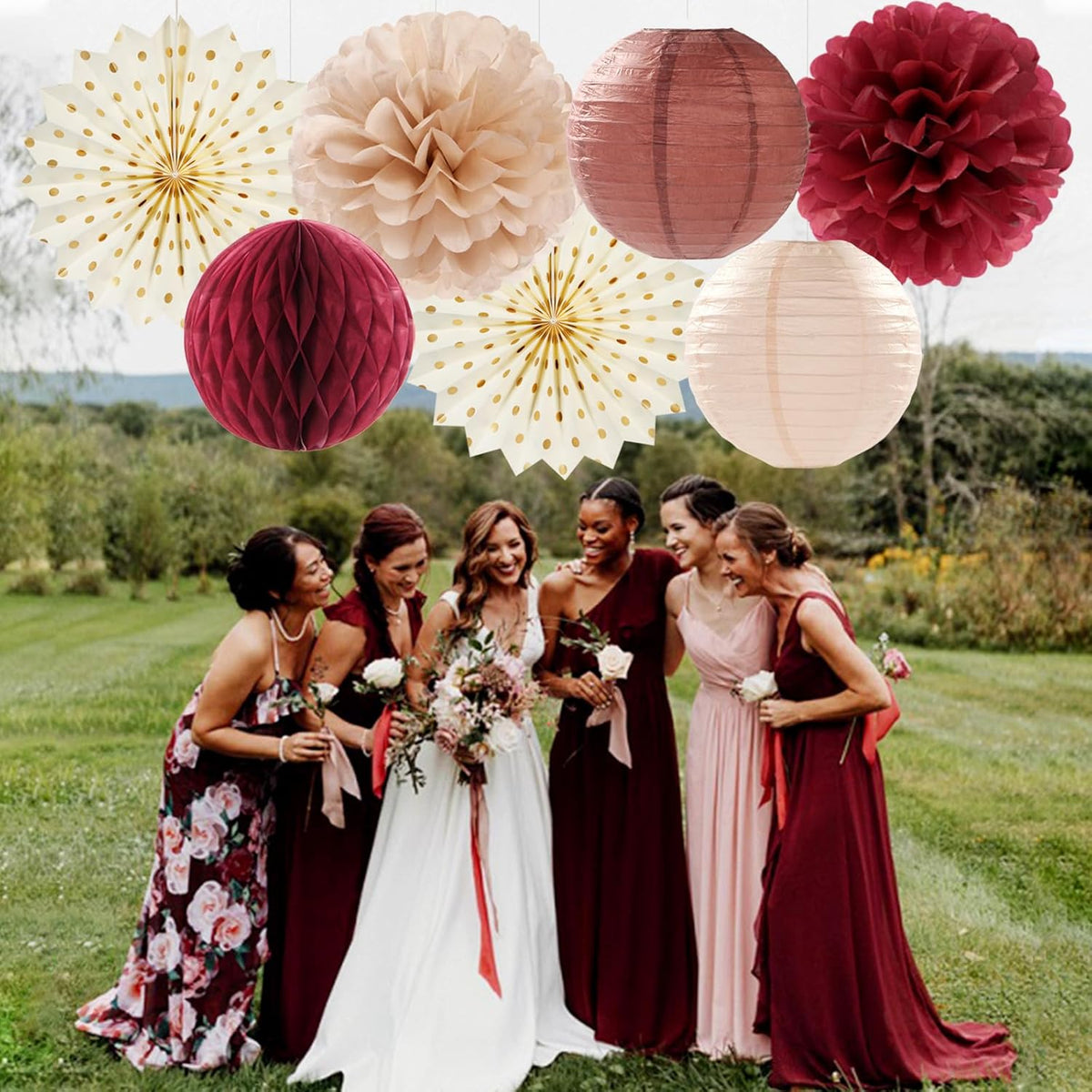 Brown Burgundy Champagne Boho Party-Decorations - 14pcs Rustic Wedding Paper Lanterns Fan,Tissue