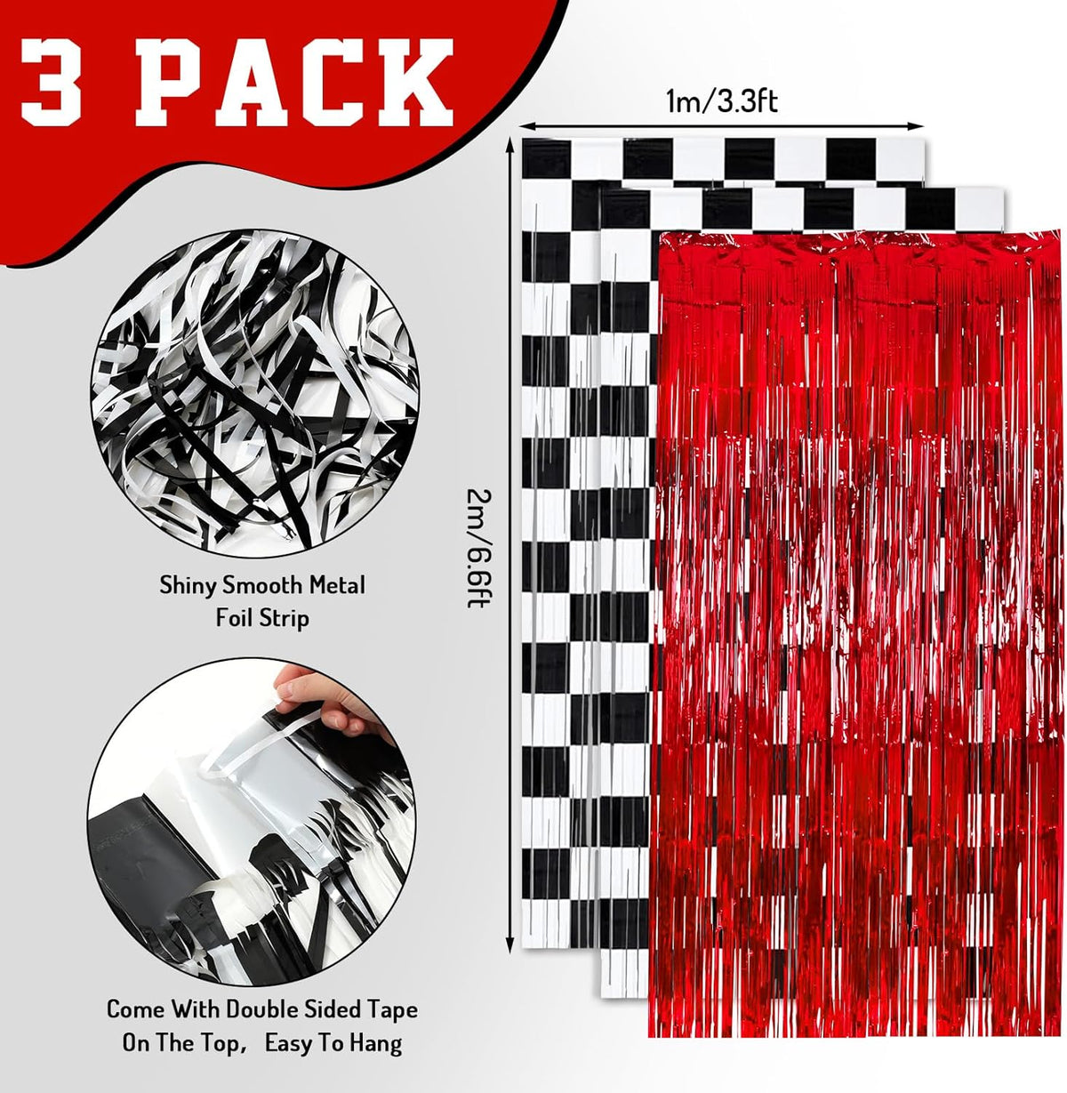 3 Pcs Racing Cars Foil Fringe Curtain Red Black White Checkered Photo Booth Props Tinsel Streamer