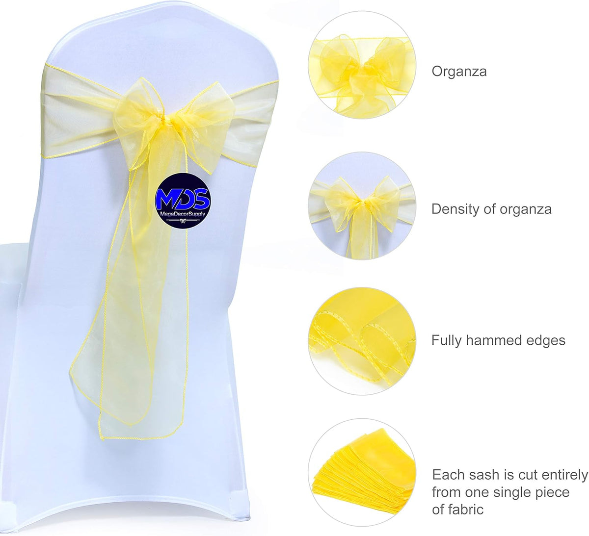 MDS Pack of 250 PCS Organza Chair Sashes Wider Dining Chair Bows Ribbon Tie Back for Wedding Party