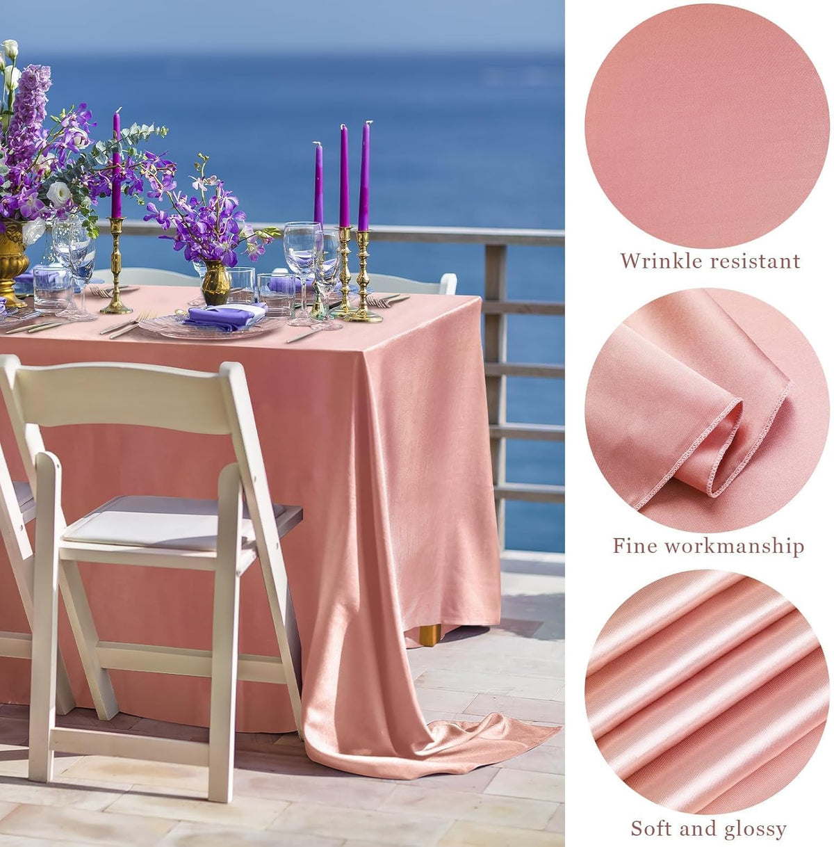 TURSTIN 1 Pack Rose Gold Satin Tablecloth 102 x 58 Inch Overlay Satin Table Cover Rectangle Bright