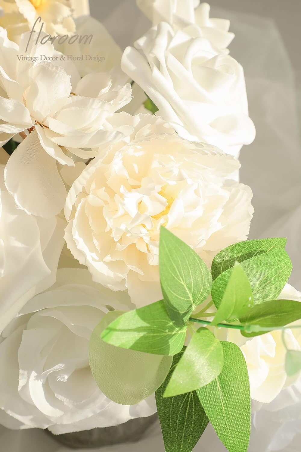 Floroom Cream White Artificial Flowers Ivory Fake Roses Peonies Dahlias and Greenery Combo Box Set