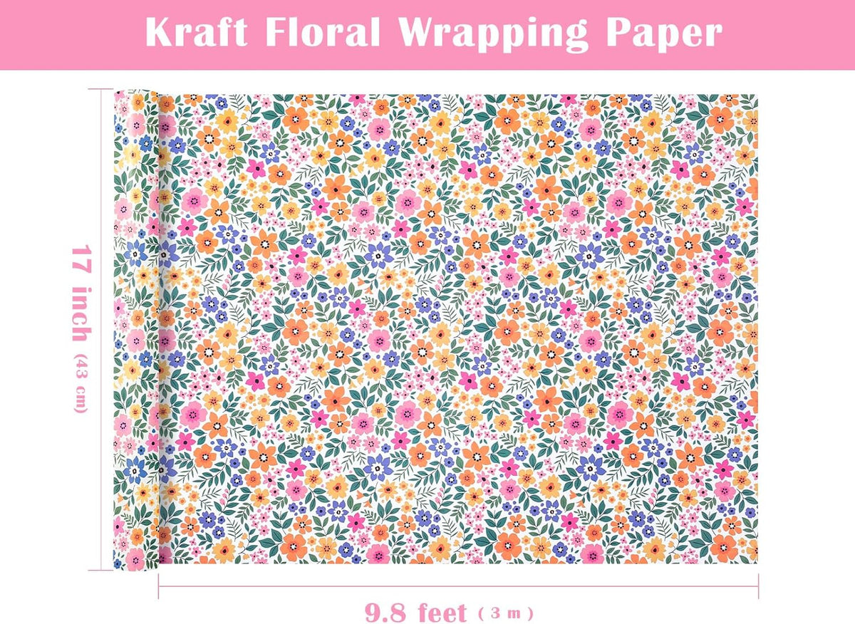 WRAPAHOLIC Kraft Floral Wrapping Paper Roll - Mini Roll - 17 Inch x 9.8 Feet - Ditsy Flower