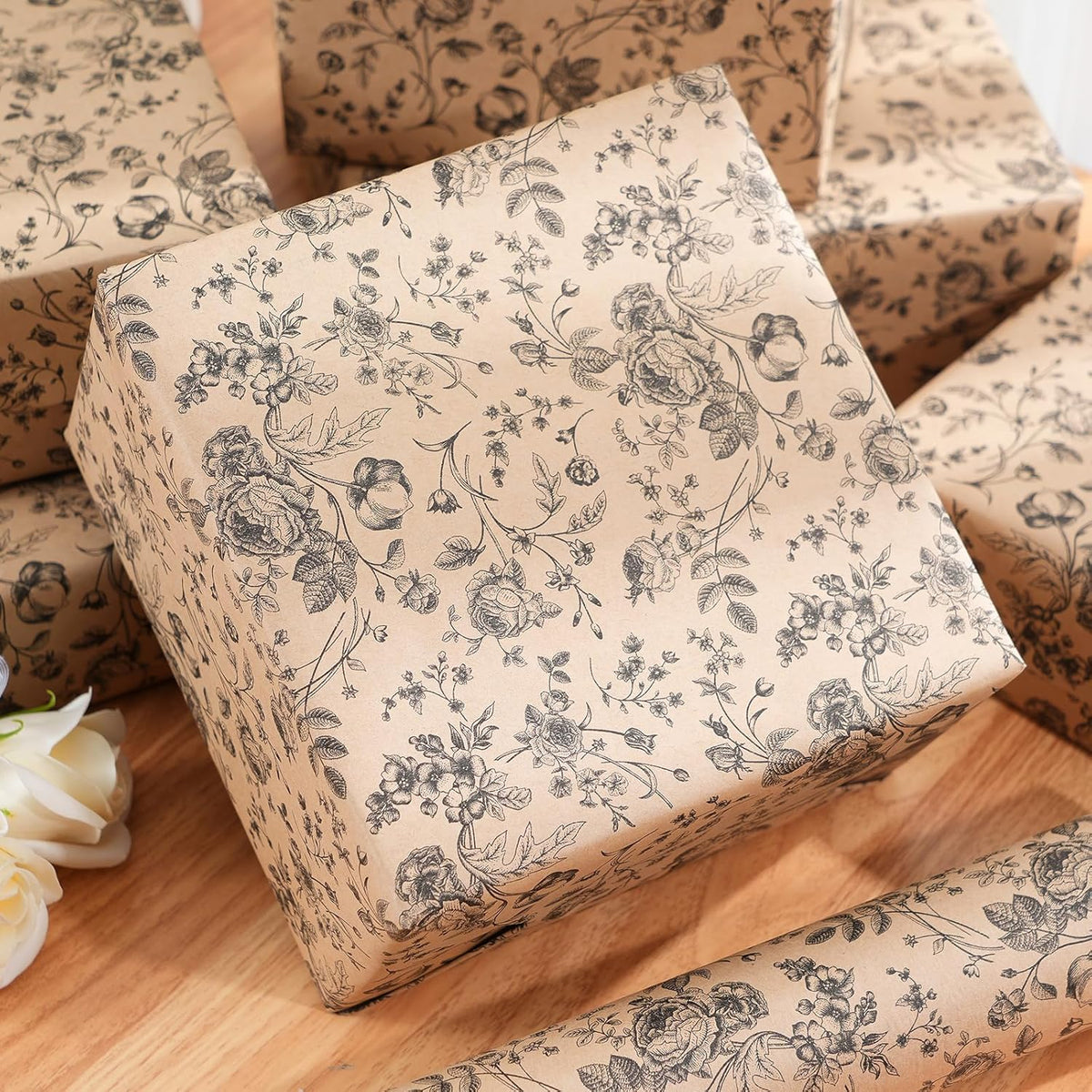 Ulmasinn Kraft Floral Wrapping Paper Roll - 17 Inches x 33 Feet - Vintage Black Floral Design with