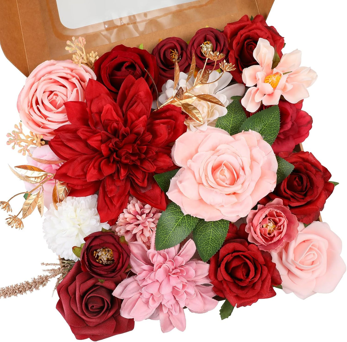Artificial Flowers Combo, Mix Silk Flowers Roses, Peonies, Dahlias with Stems for DIY Wedding