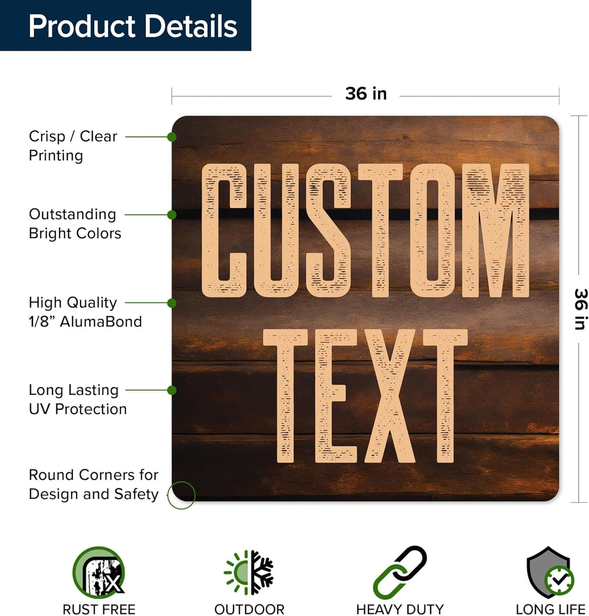 Custom Sign, Custom Street Sign, 11 Font Colors, 13 Font Styles, 4 Hole Options, 22 Sizes, 36x36