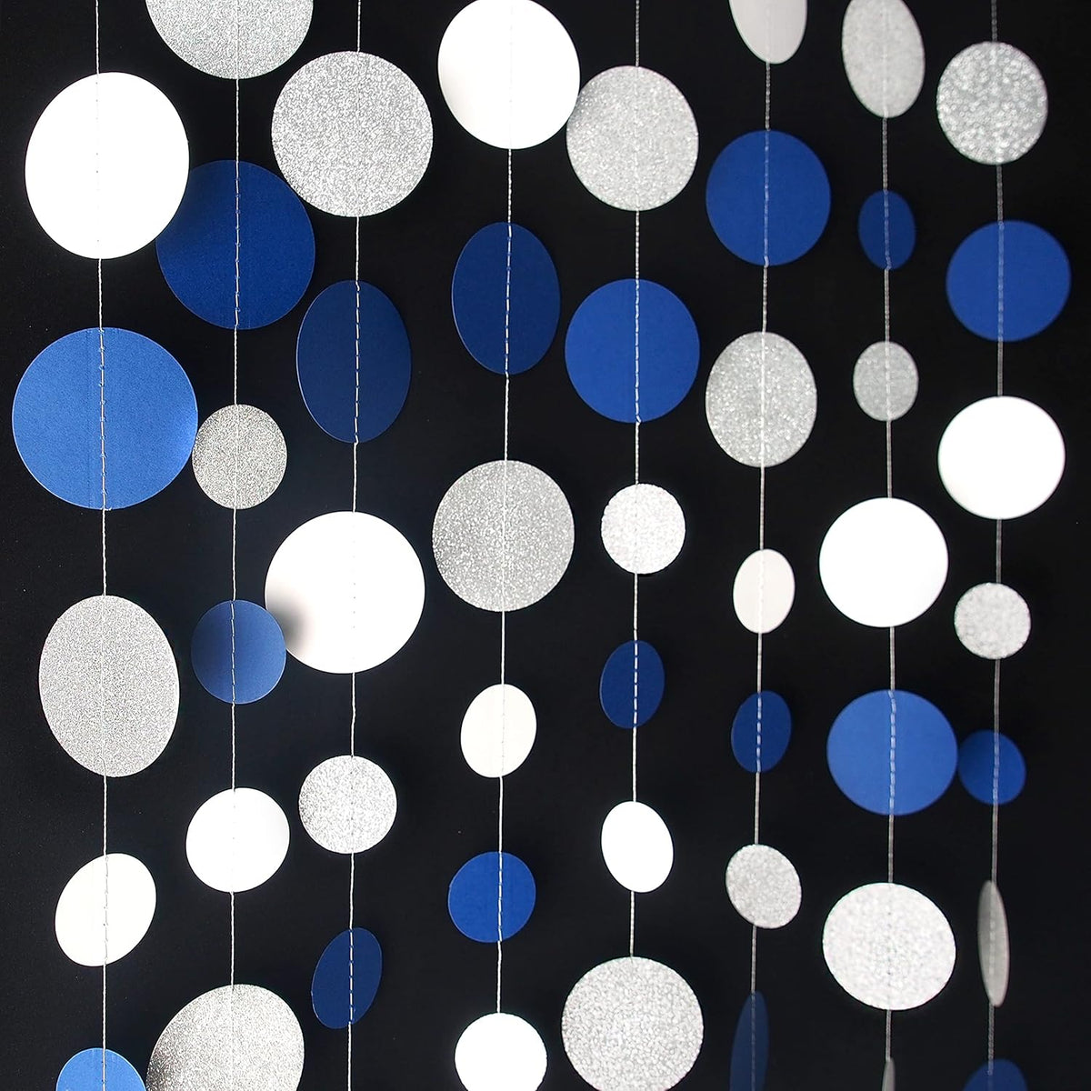 46 Feet Navy Blue White and Silver Circle Dots Garland Royal Blue Hanging Paper Polka Dots Streamer