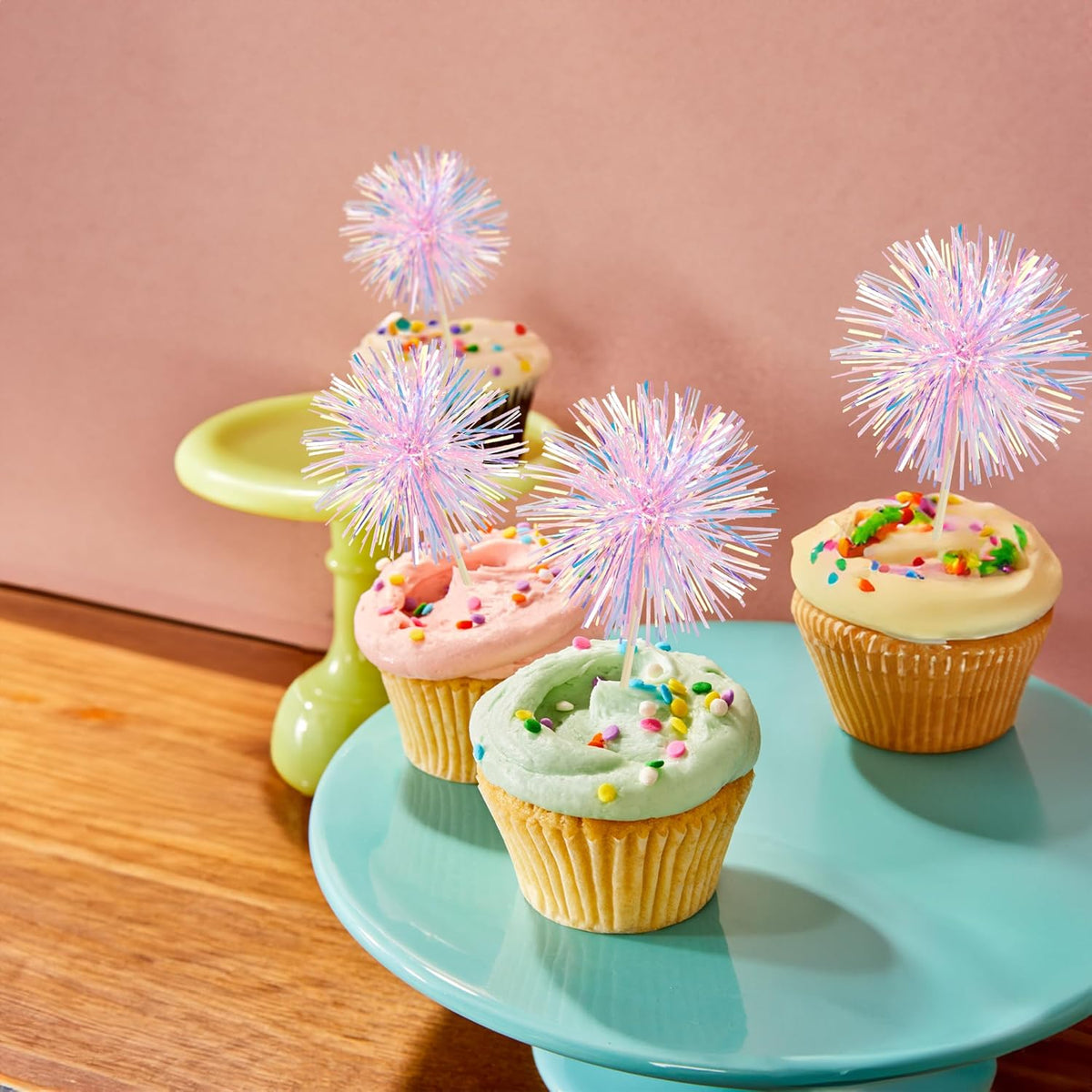 Ephlyn 30Pcs Foil Firework Cupcake Toppers Happy Birthday Cake Toppers Tinsel Flower Drink Stirrers