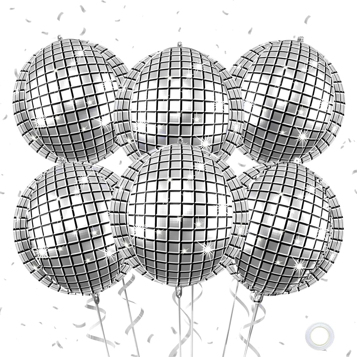 6Pcs Giant 4D Disco Ball Balloons, Sparkle Silver Disco Party Decorations, 22 Inch Round Foil