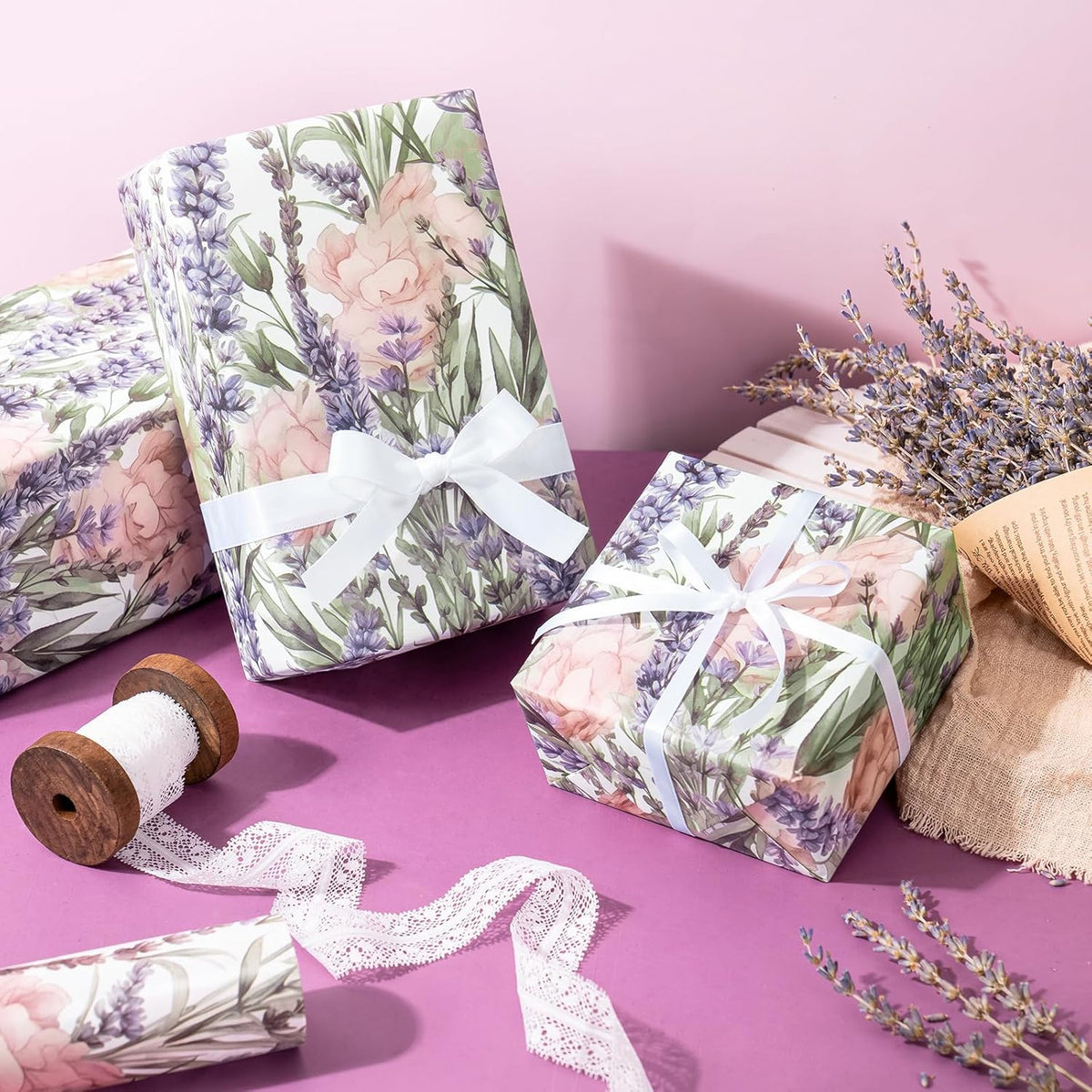 WRAPAHOLIC Floral Wrapping Paper Roll - Mini Roll - 17 Inch x 33 Feet - Lavender Flower Wrapping