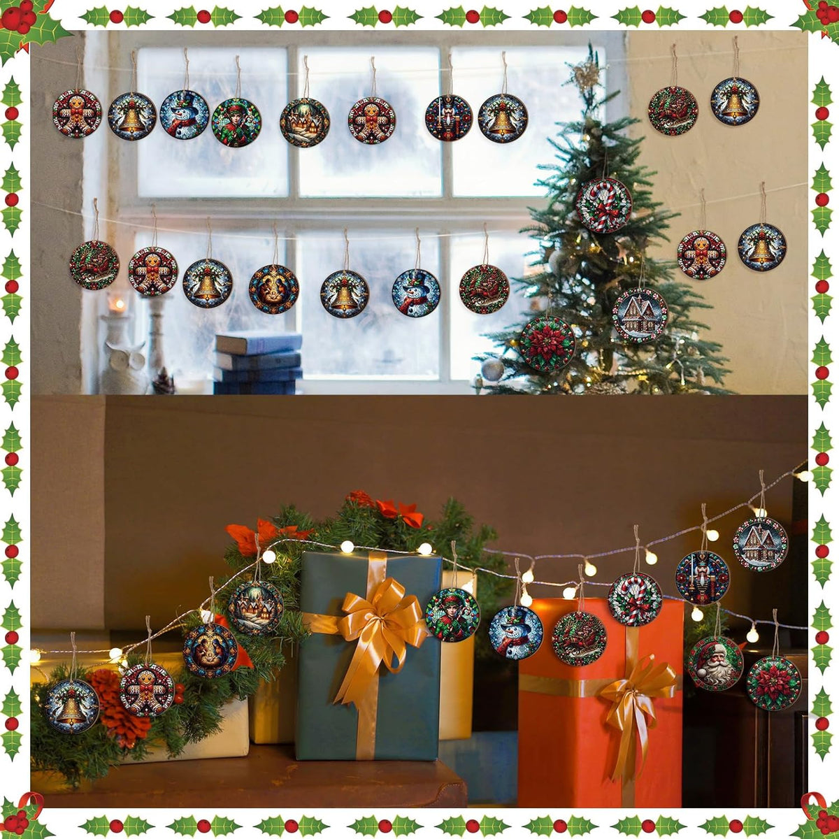 Suzile 36 Pcs Christmas Wooden Ornaments Vintage Christmas Decoration Oil Painting Round Ornaments