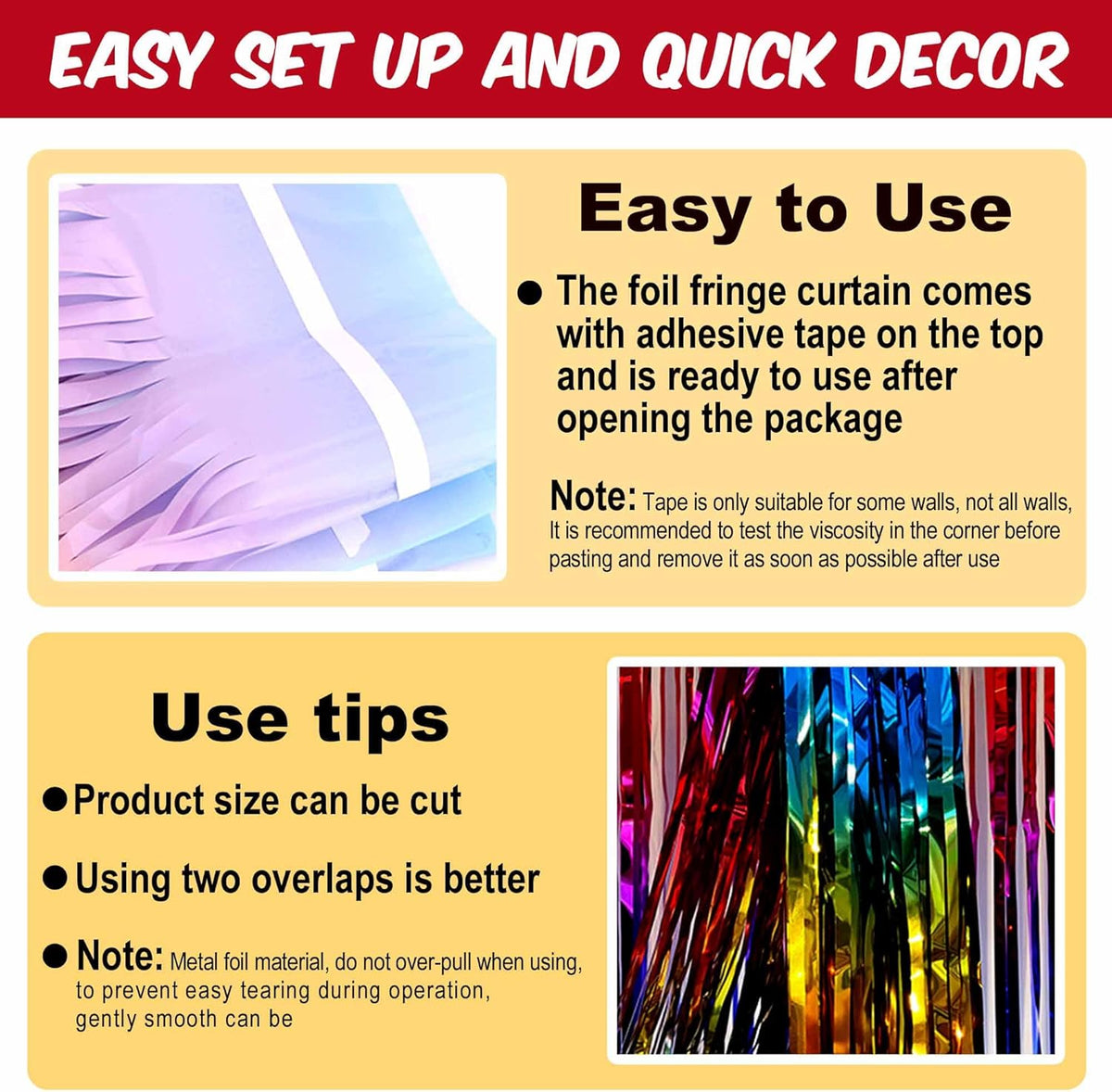 6 Pack Rainbow Foil Fringe Curtains Backdrop, 3.28 x 8.2 Ft Metallic Streamers Tinsel Curtains
