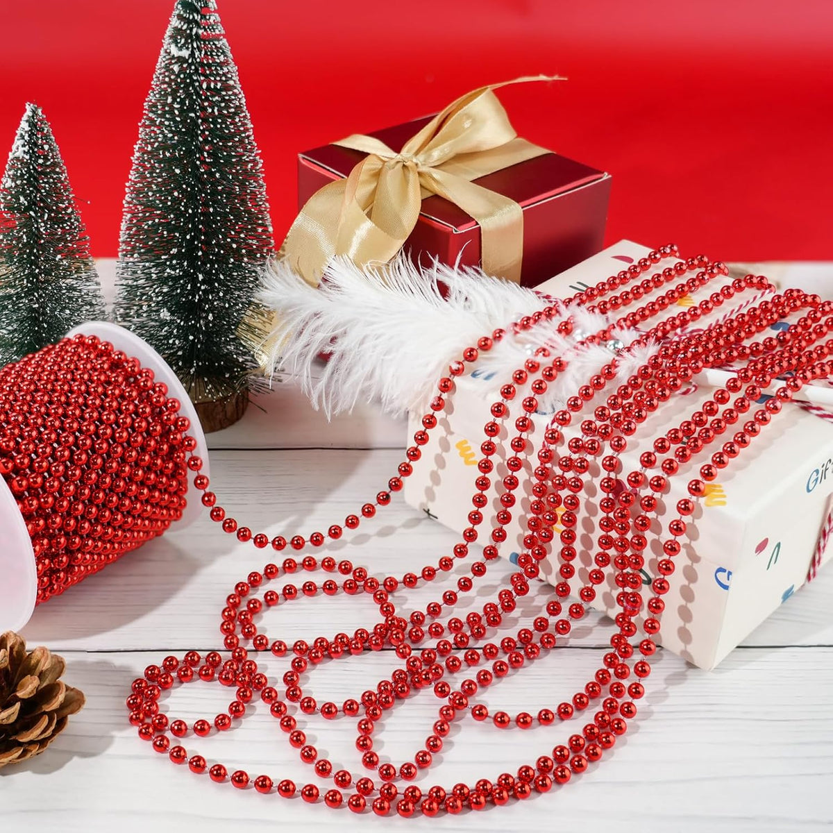Faux Red Pearl Beads Garland - 6mm Christmas Tree Beads 22 Yards Red Pearl Strands Spool Pearl