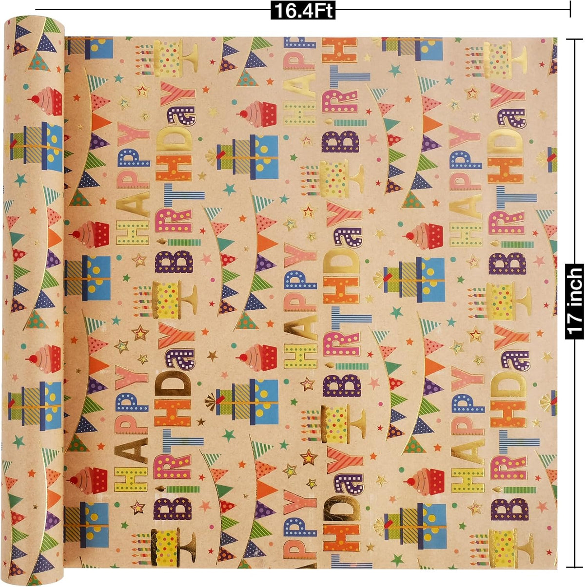 Aimyoo Colorful Birthday Wrapping Paper Roll - 17 Inch X 16.4 Feet - Gold Foil Happy Birthday