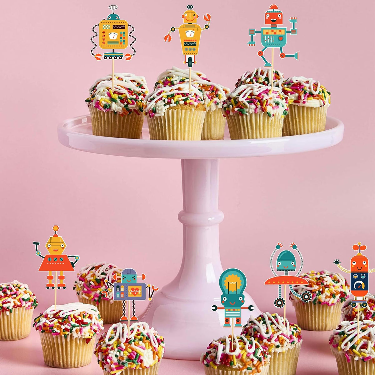 24pcs Robot Cupcake Toppers Robot Cake Decorations for Robot Birthday Party Decorations Birthday