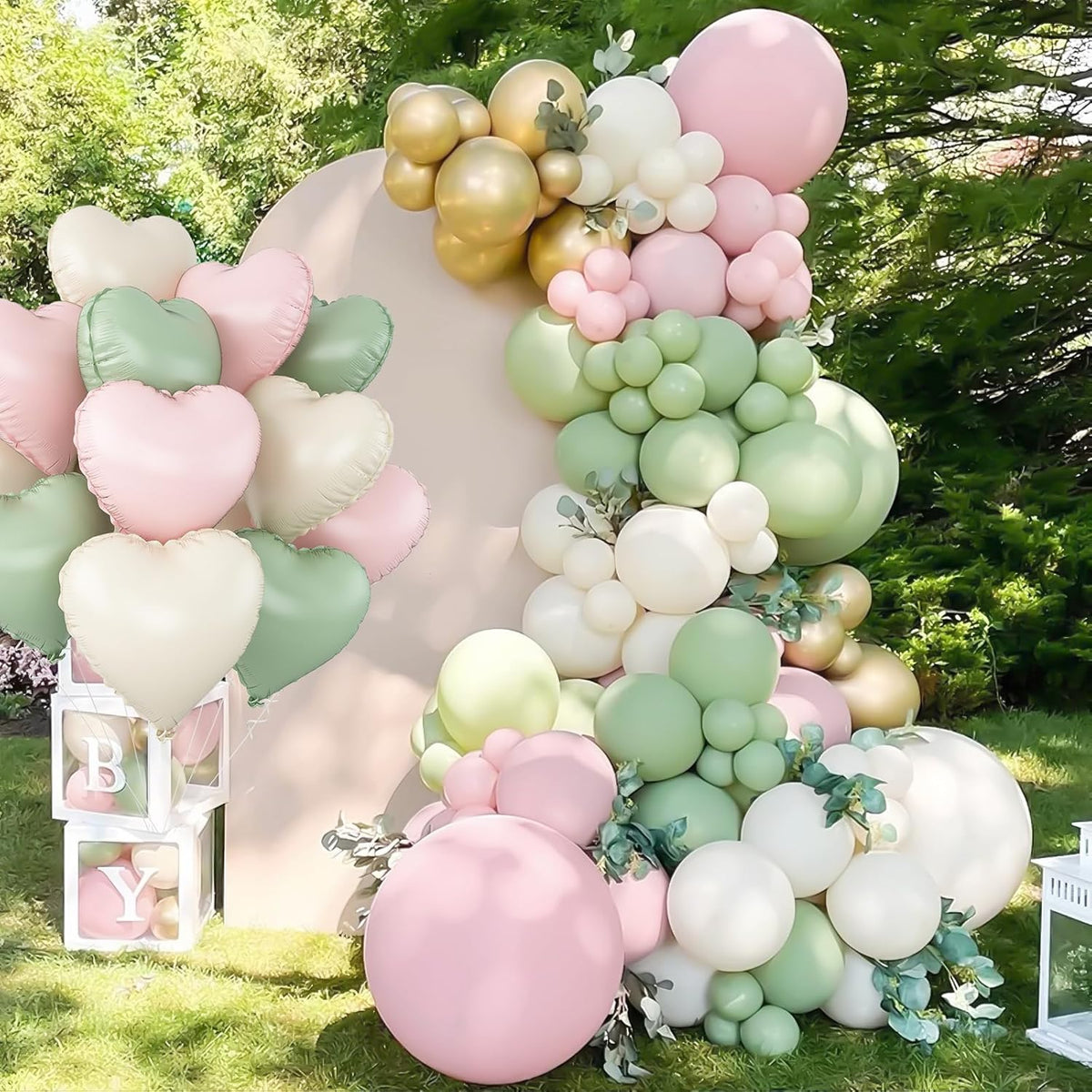 Pink Green White Heart Balloons,12Pcs 18Inch Cream White Baby Pink Sage Green Heart Shaped Foil
