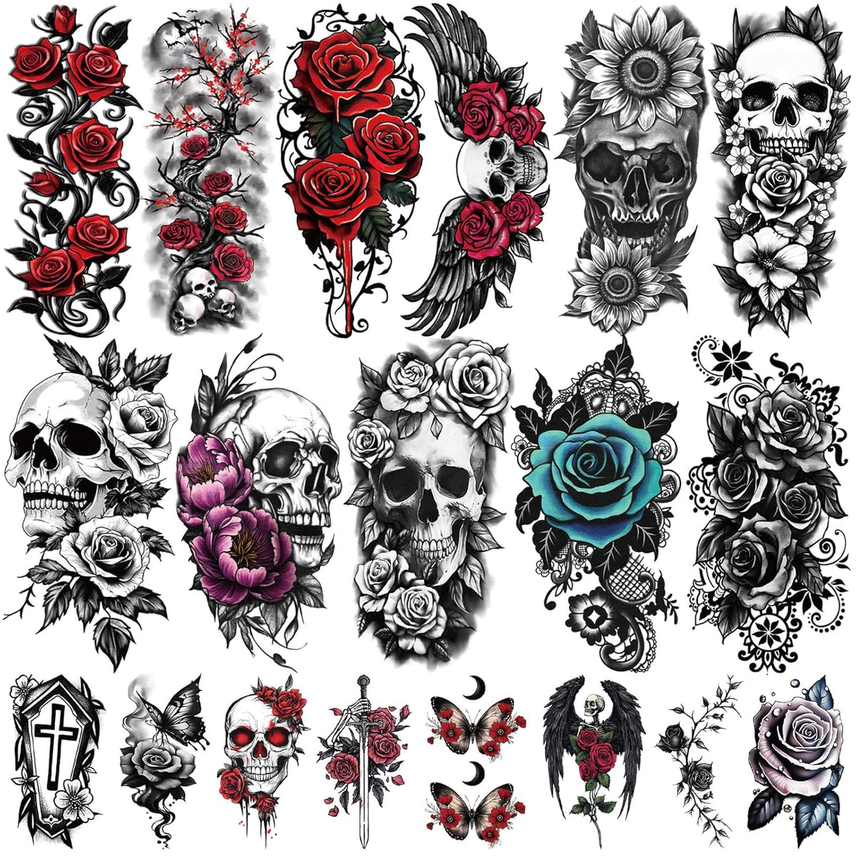 77 Sheets Skull Flower Realistic Temporary Tattoos For Women Men Adult, Large Rose Bones & Flowers