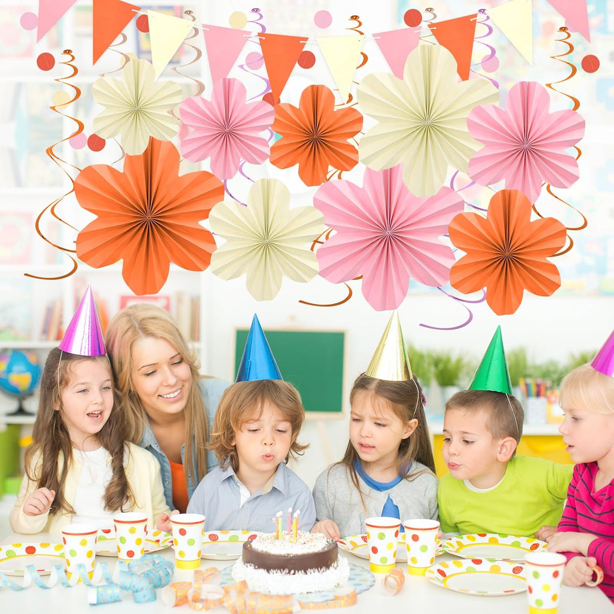 Pink and Orange Party Decorations - Orange Birthday Decoration for Women Girls with Hanging Paper