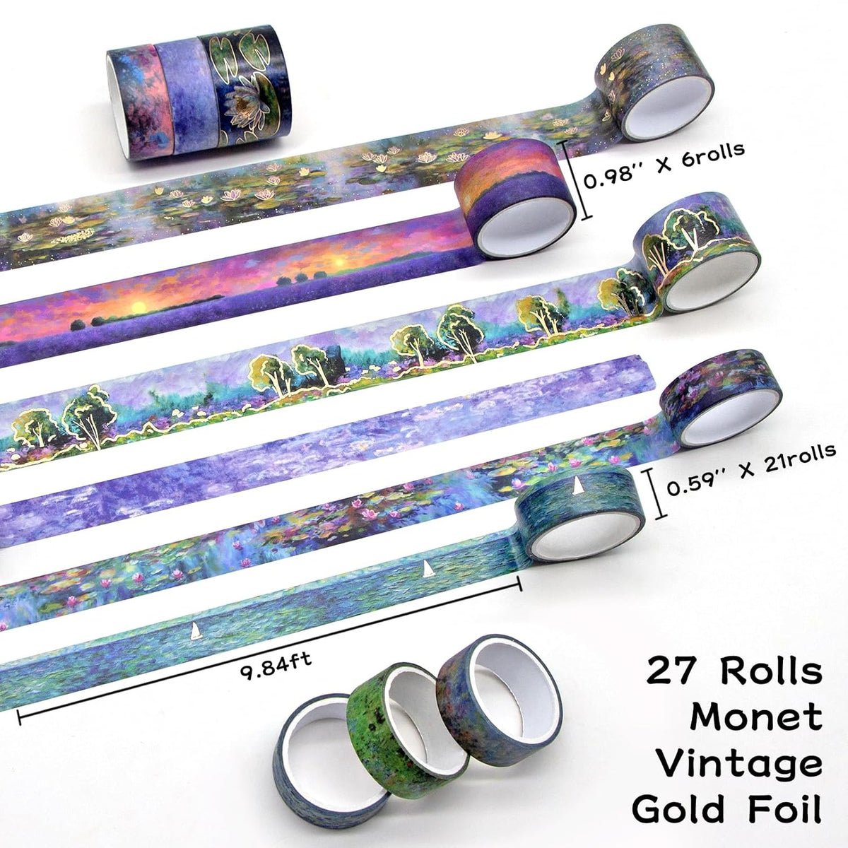 27 Rolls Monet Gold Foil Vintage Washi Tape Set - Decorative Masking Tapes for Scrapbooking