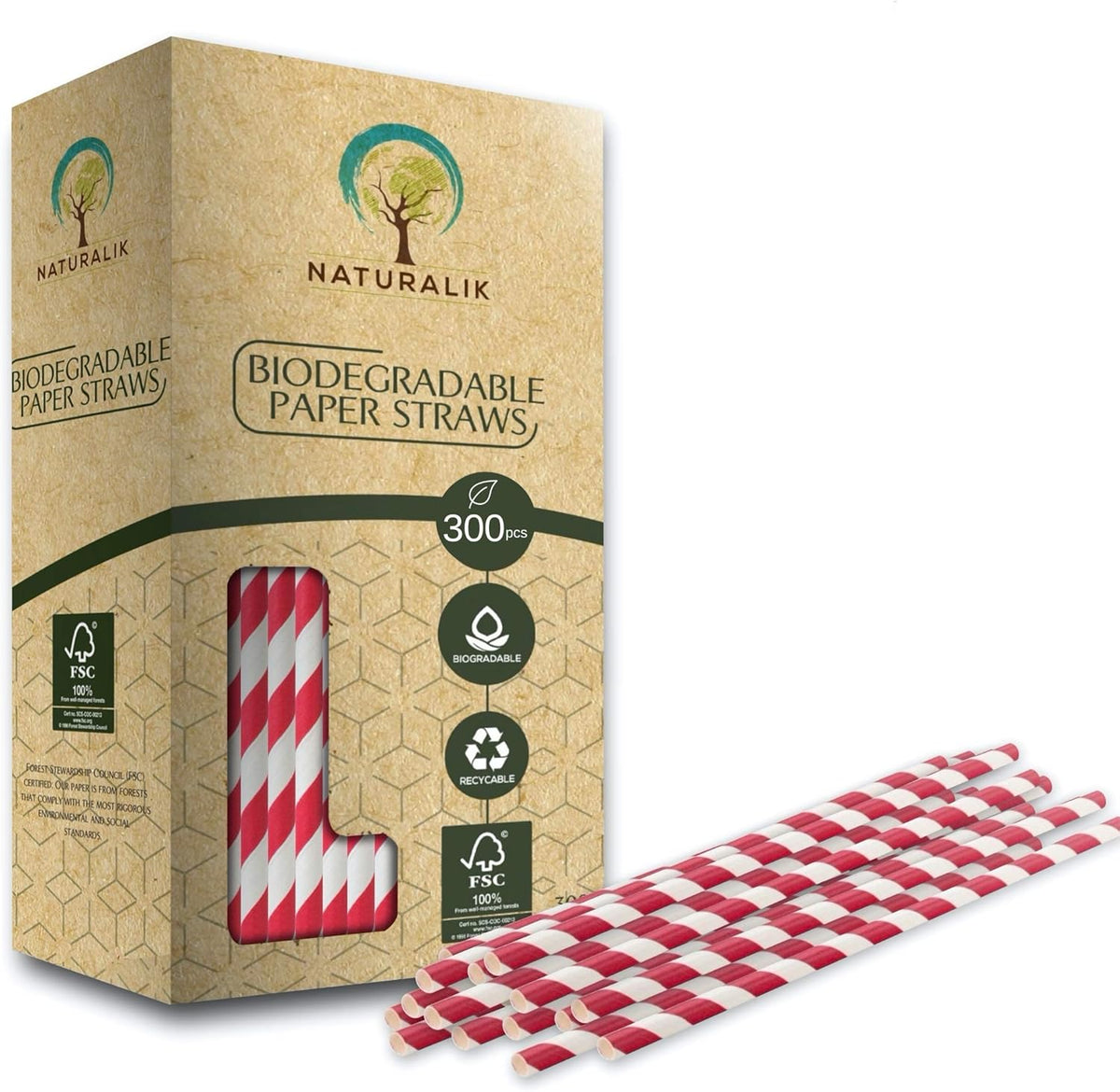 300 Pack Extra Durable Red Paper Straws Biodegradable- Heavy Duty Eco-Friendly Paper Straws Bulk