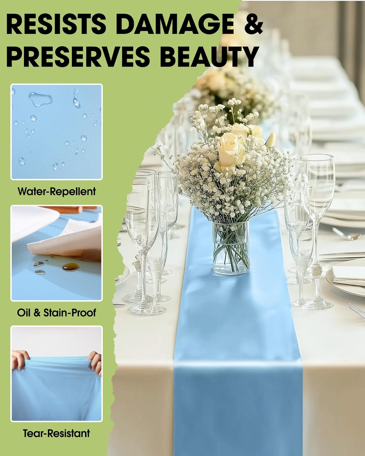 Pureegg Light Blue Plastic Table Runners - 10 Pack, 14'' x 108'', Water Resistant & Disposable