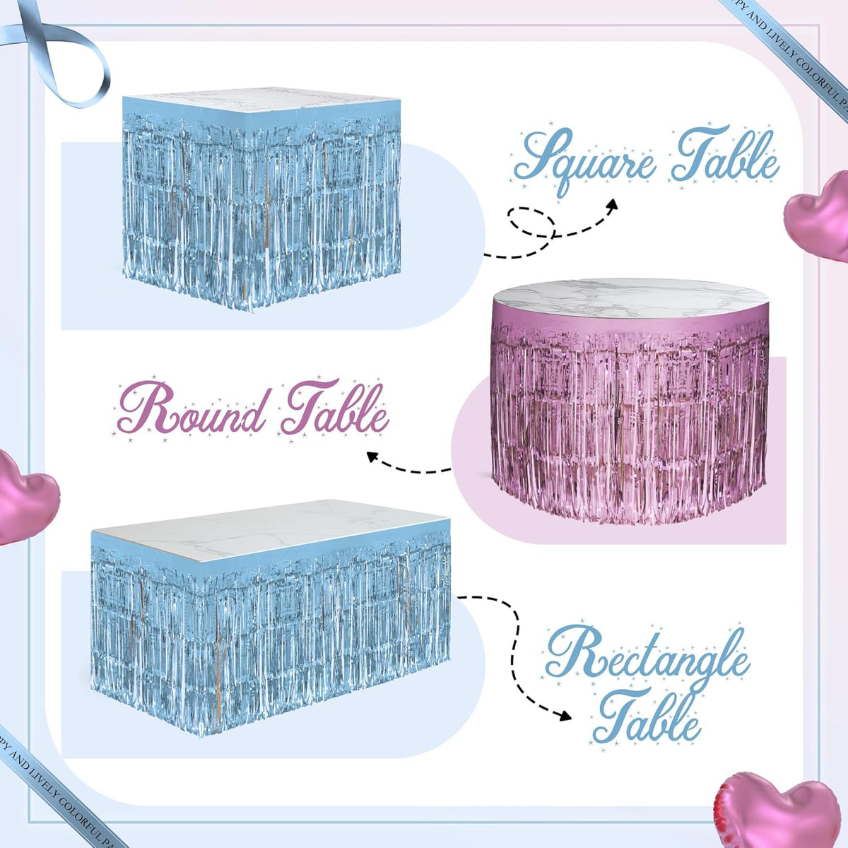 2 Pack Light Pink Light Blue Table Skirts, 29x108" Metallic Foil Tinsel Fringe Table Skirt for