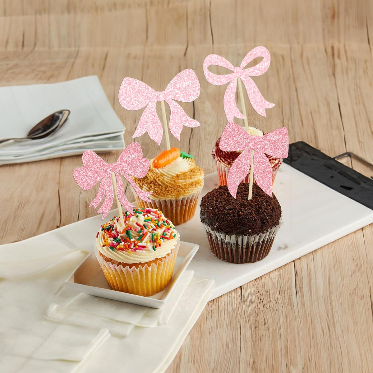 Gyufise 36Pcs Bow Cupcake Toppers Glitter Bowknot Cupcake Picks Bow Tie Birthday Decorations