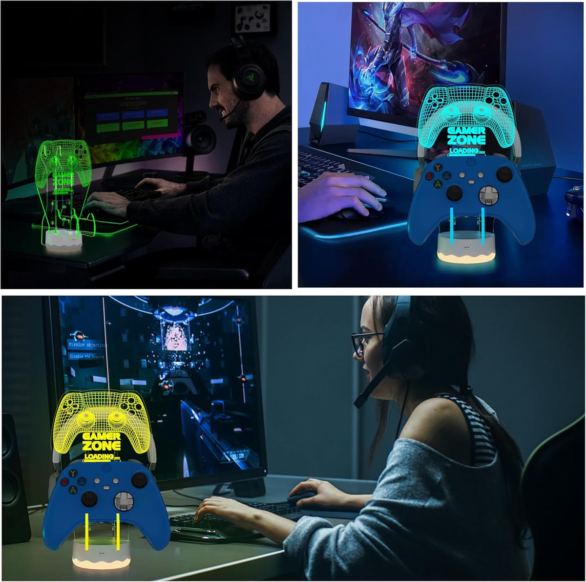 Light up Headset and Controller Stand, 16 Colors 3D LED Lights Gamepad Headphone Holder with Remote