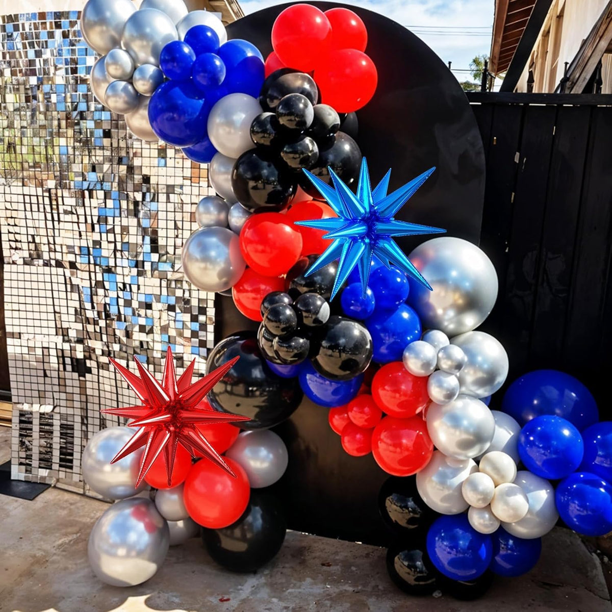 Red Blue Black Balloons, 12 Inch Black Red Royal Blue Metallic Silver Confetti Balloons with Star