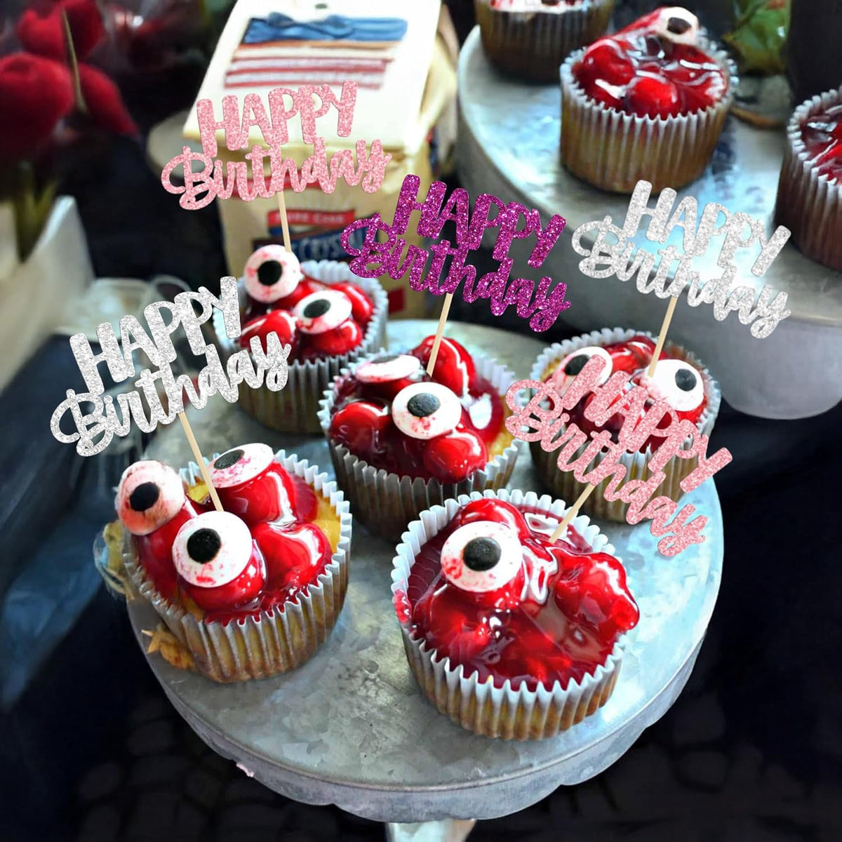 Gyufise 24Pcs Happy Birthday Cupcake Toppers Glitter Birthday Cupcake Food Picks for Celebrating