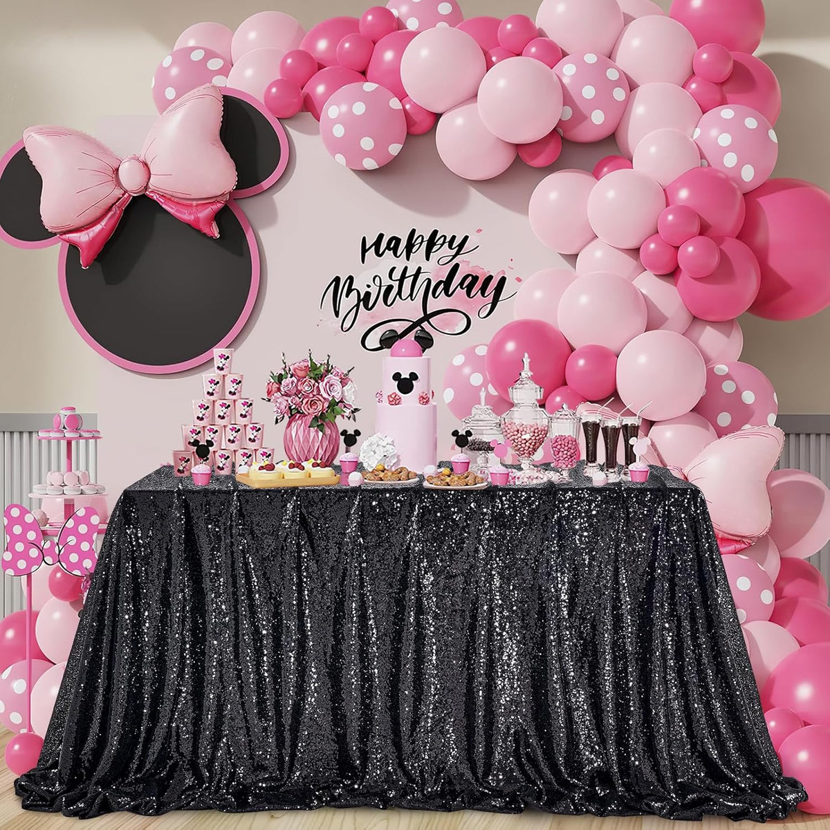 QueenDream Black Party Decorations Sequin Tablecloth: Glitter Overlay 90x90 Inch Table Drapes for
