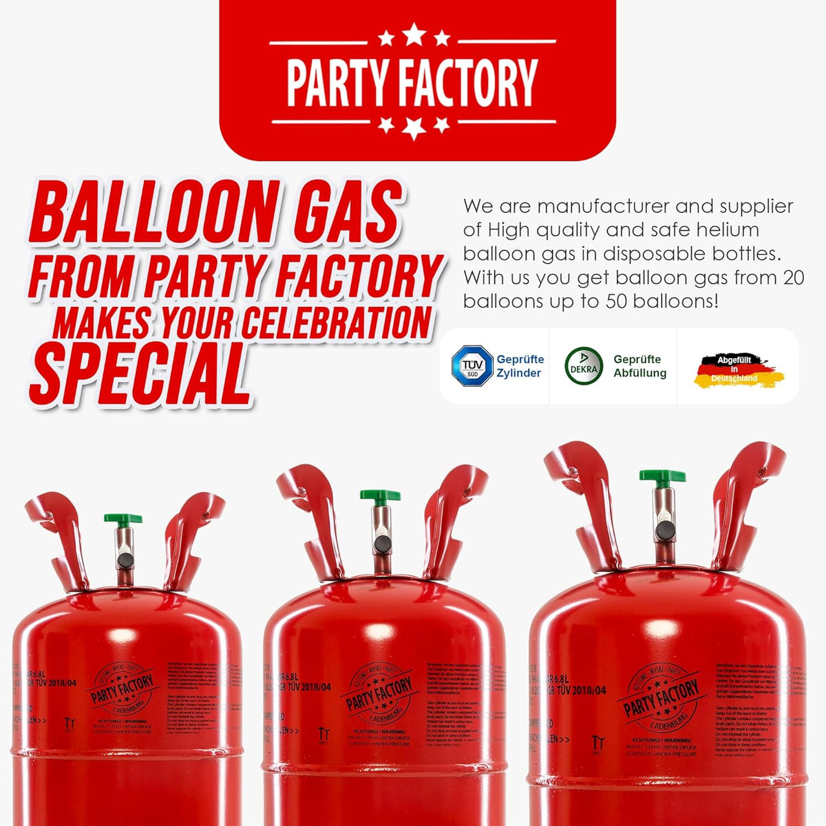 Party Factory set of 3 helium tanks for 20 balloons each, 3 helium cylinders with 5 cu. ft. gas