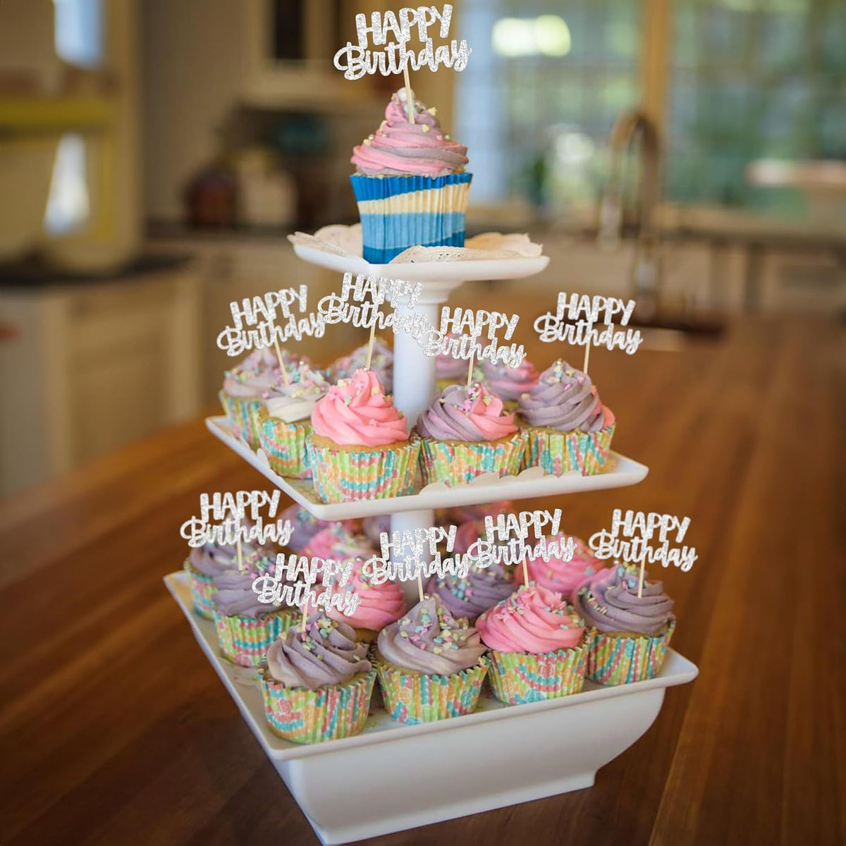 Gyufise 24Pcs Happy Birthday Cupcake Toppers Silver Glitter Birthday Cake Decorations Picks for