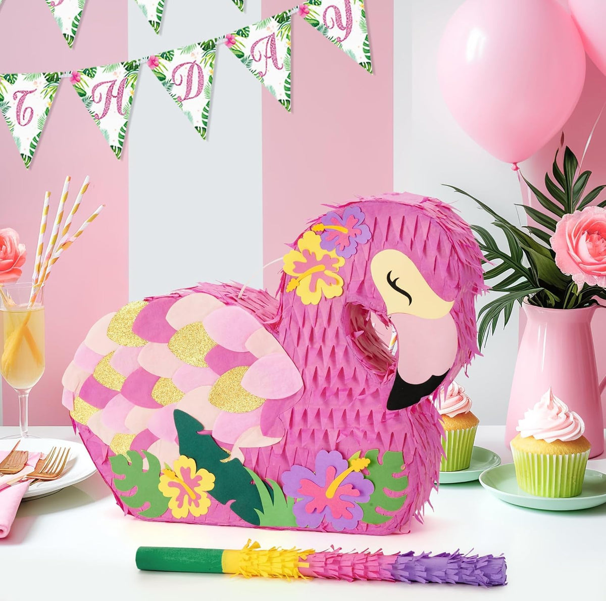 WERNNSAI Flamingo Piñata - Pink Piñata Bundle with Blindfold and Bat for Girls Kids Tropical