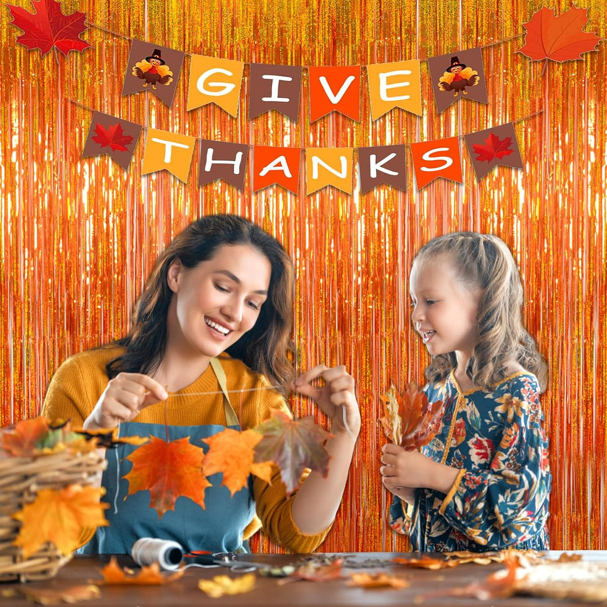 Melsan Orange Tinsel Backdrop Curtains, 3.2ft x 8.2ft Sparkle Metallic Foil Fringe Curtain for