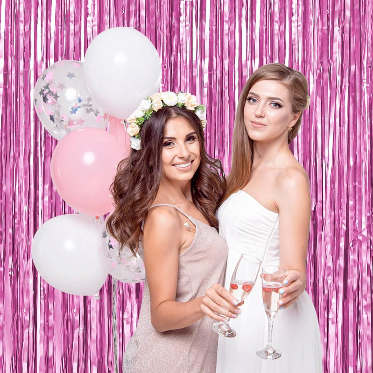 BTSD-home 10 Pack Pink Foil Fringe Curtain, Metallic Photo Booth Backdrop Tinsel Door Curtains for