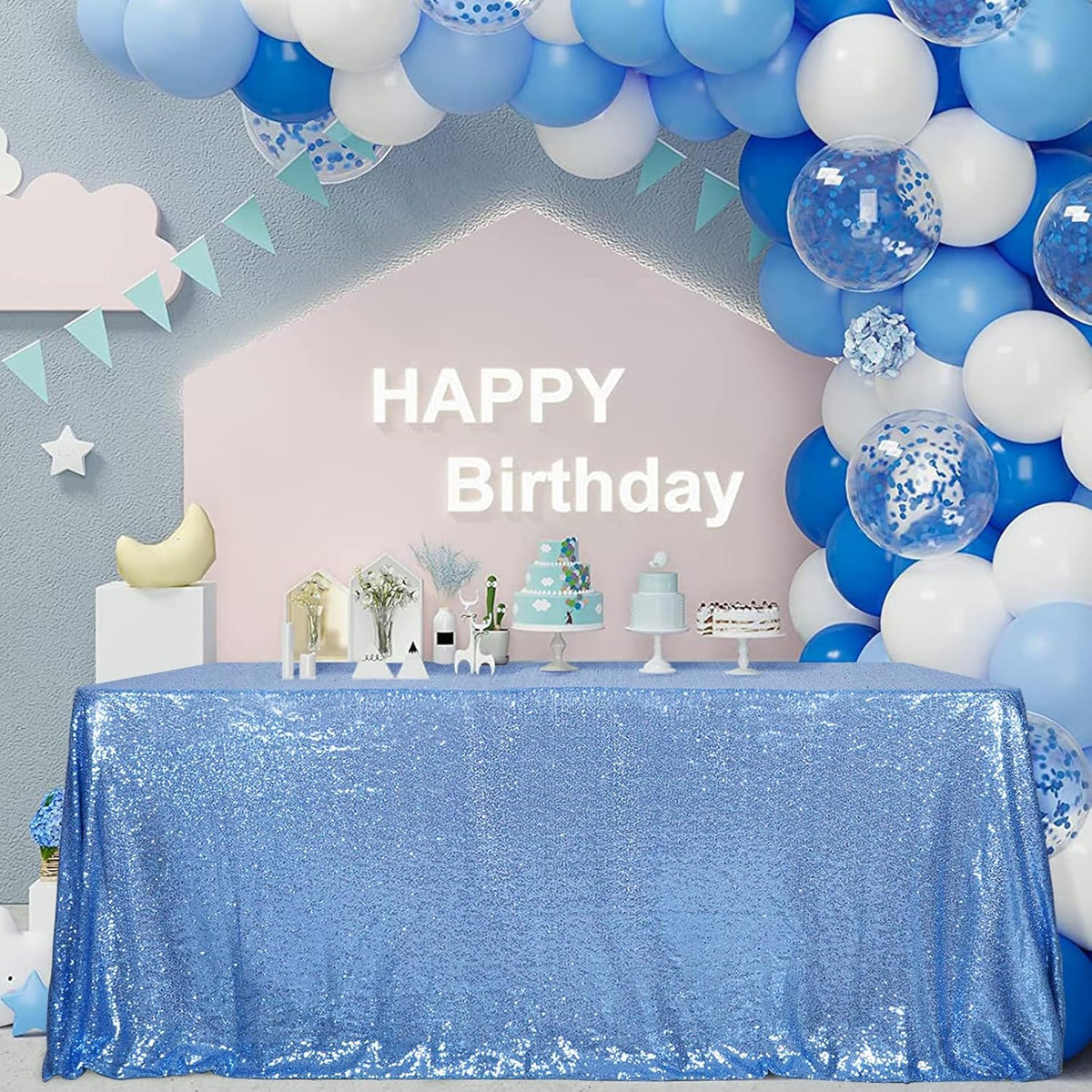 SquarePie Sequin Tablecloth 90 x 156 Inch Baby Blue Sparkly Table Linen for Wedding Party