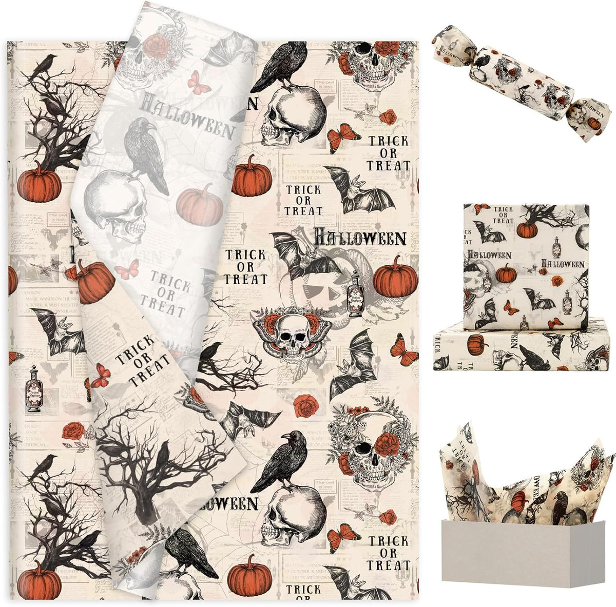 JarThenaAMCS 60 Pcs Halloween Tissue Paper Retro Gothic Skull Crow Pumpkin Wrapping Paper